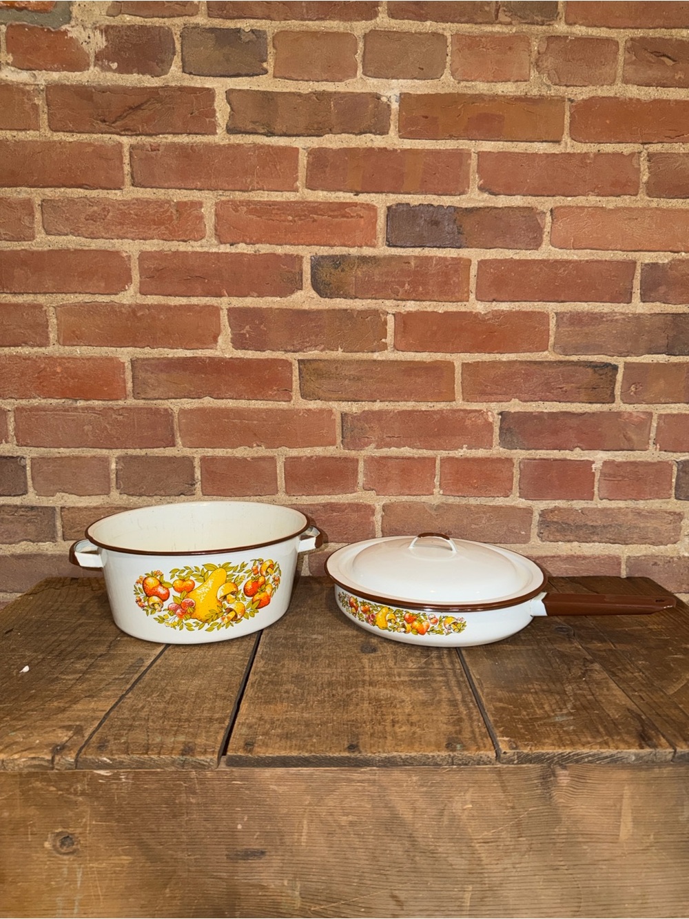 Sanko Ware Country Flowers Enameled Steel Pot and Skillet Set Japanese 1970s VTG